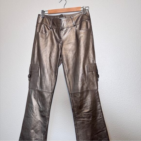 Vintage Cache Bronze Leather Cargo Style Pants Womens 2 Fall Flare Leg 90s - Picture 6 of 7